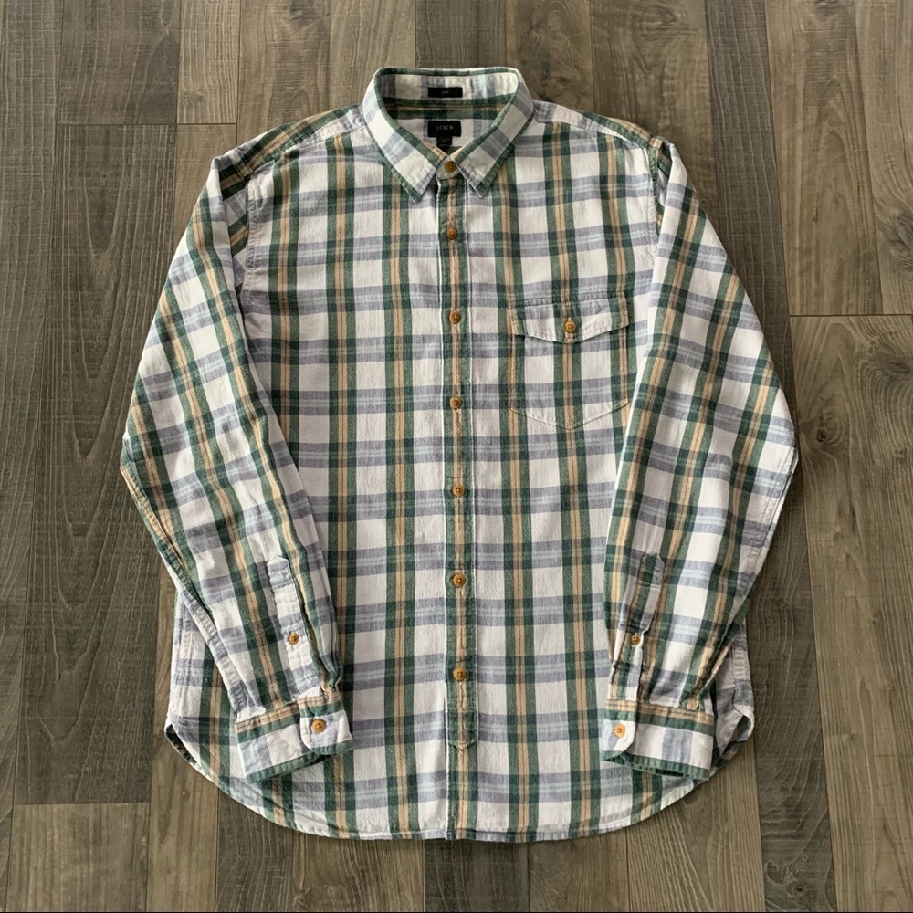 J CREW Button Up Long Sleeve Shirt
Men's Large Slim Fit White/Green/Yellow Plaid